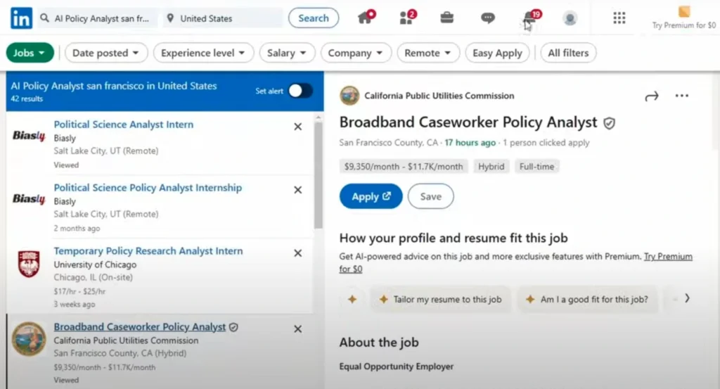 Screenshot of LinkedIn job search results for "AI Policy Analyst," showing various job postings.
