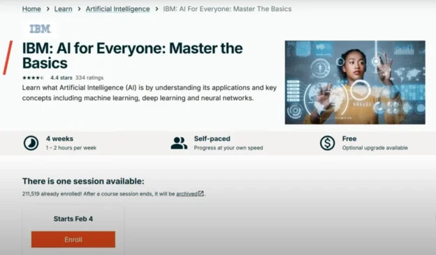 Screenshot of the free IBM AI course titled "AI for Everyone: Master to Basics.