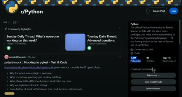 Screenshot of the r/Python subreddit on Reddit, showing posts and community activity.
