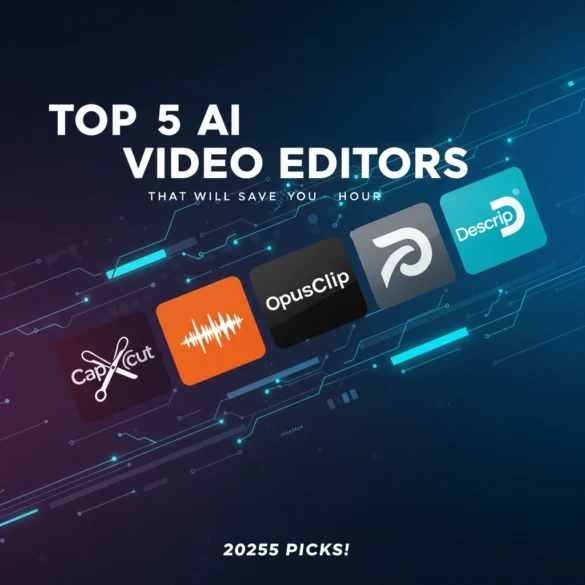 Top 5 AI Video Editors 2025. Futuristic design with AI motifs and video editor logos like CapCut, Runway, and Descript.