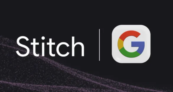 Google Stitch logo with abstract design elements.