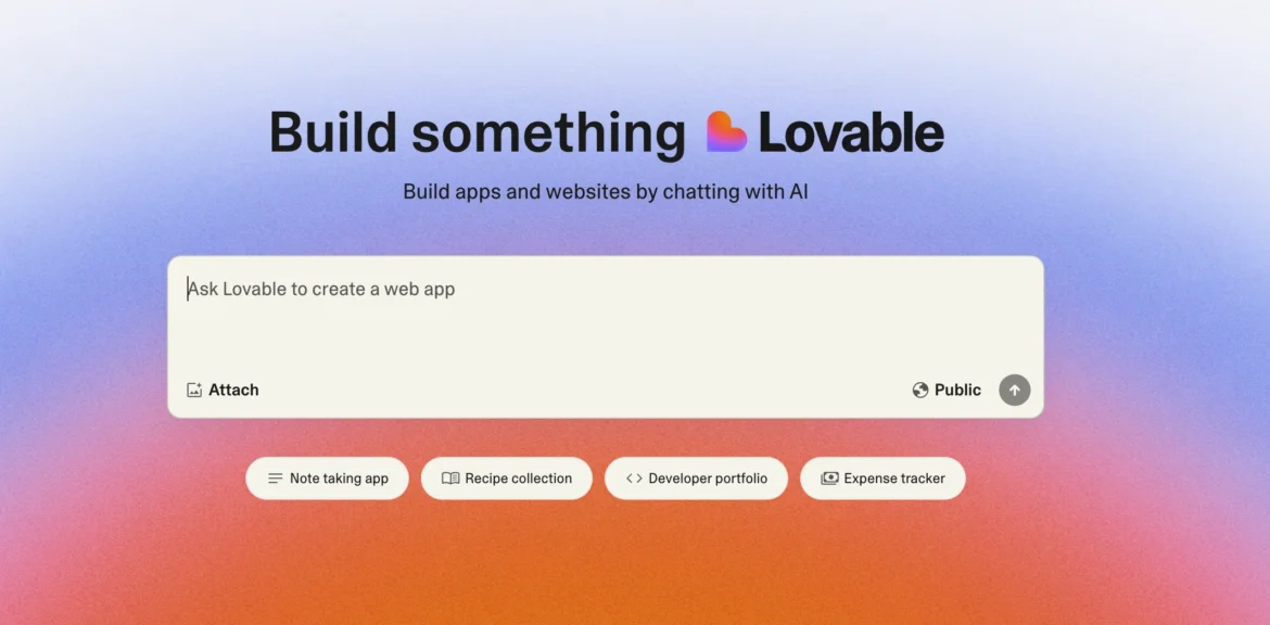Transform your ideas into functional applications using Lovable AI’s intuitive chat-based development interface. Lovable AI website screenshot showing a prominent chat interface for building apps with AI prompts.