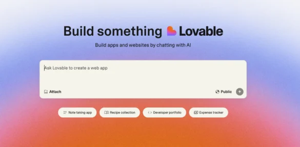Lovable AI website screenshot showing a prominent chat interface for building apps with AI prompts.