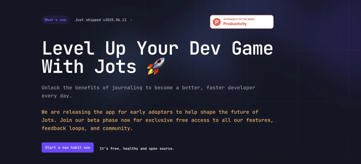 The Jots user interface, designed for structured logging and AI-driven career insights for developers. Screenshot of the Jots application dashboard, showing developer journal entries and AI insights.