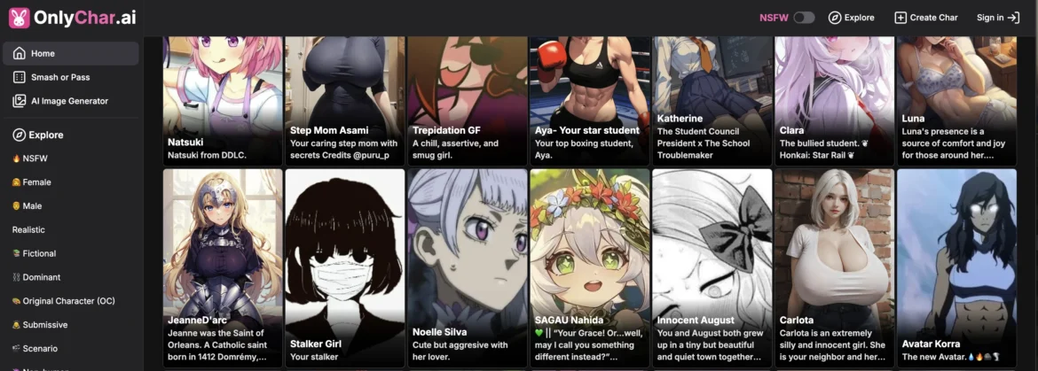 Discover and chat with thousands of unique AI characters on the OnlyChar.AI main dashboard. A screenshot of the OnlyChar.AI homepage, showing a gallery of diverse AI characters available for chat.