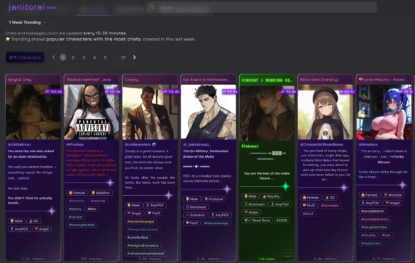 A screenshot of the character Browse page on the official Janitor AI website, showing a diverse grid of fictional AI characters with their profile pictures and names.