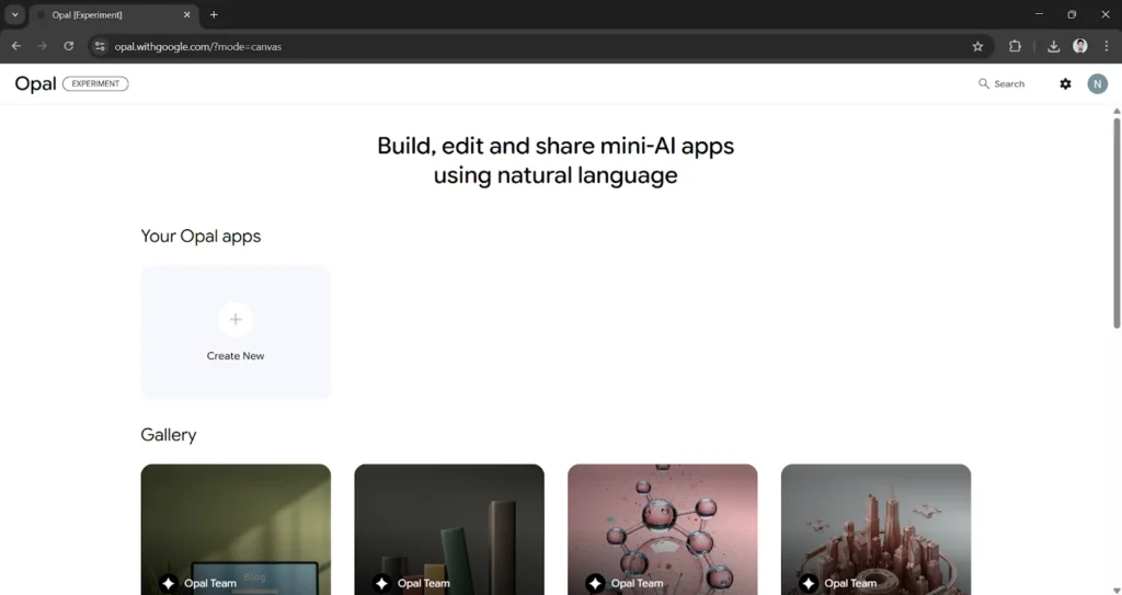 Google Opal dashboard showing "Create New" button and demo app gallery.