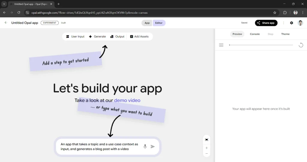 Google Opal "Describe Your App" input field for natural language prompting.