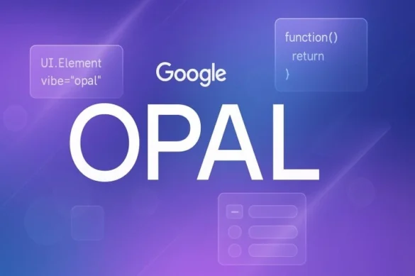 Google Opal logo with abstract AI elements, symbolizing no-code app development.