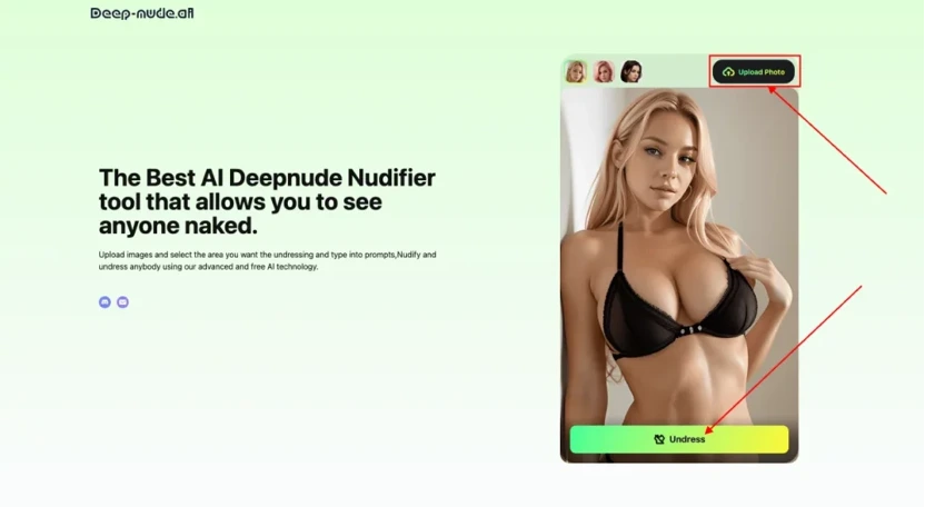 Screenshot of Deep-Nude.AI interface showing the photo upload section