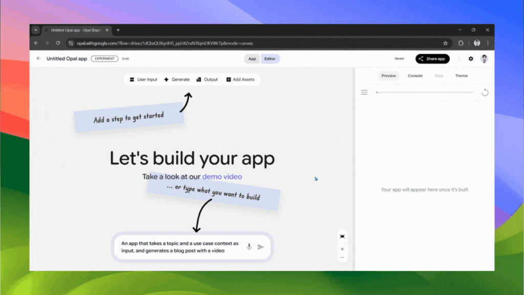 Google Opal visual workflow editor displaying interconnected AI nodes.