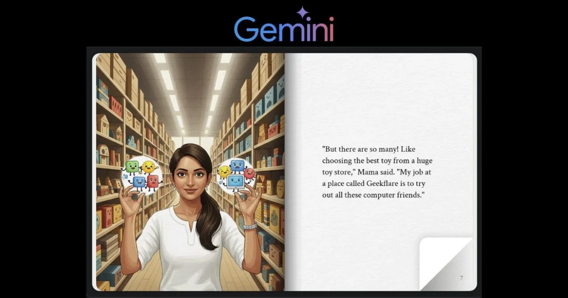 The creative power of Gemini: turning simple ideas into beautifully illustrated, AI-generated storybooks. close-up shot of the Google Gemini logo next to a colorful storybook with a title on its cover. The image symbolizes the new AI-powered storytelling feature.