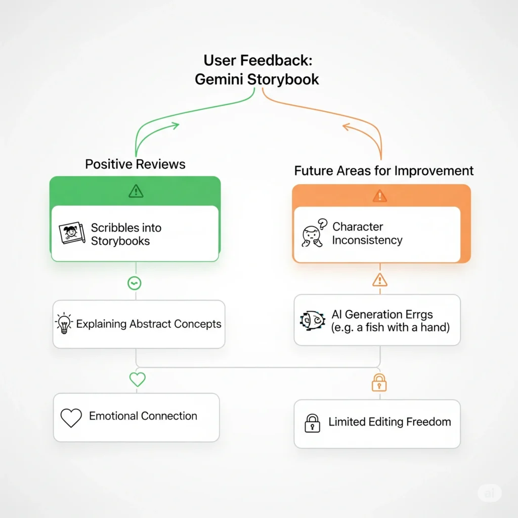 A chat flow diagram showing user feedback for the Gemini Storybook feature. Two main branches, "Positive Reviews" and "Future Areas for Improvement," stem from a central node. The positive side highlights points like "Scribbles into Storybooks," "Explaining Abstract Concepts," and "Emotional Connection." The improvement side notes "Character Inconsistency," "AI Generation Errors," and "Limited Editing Freedom."