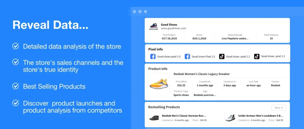 Screenshot of the PPSPY dashboard, showing store analytics with live sales, best-selling products, and app detection.