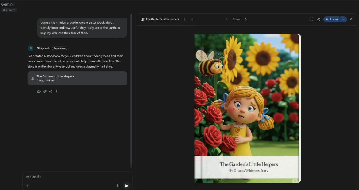 A screenshot of the Gemini Storybook interface. A user's text prompt is visible, and the AI is actively generating an illustrated storybook with multiple pages and custom art.